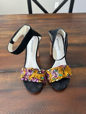 Jeffrey Campbell Black Suede Ankle-Strap Heels with Mustard & Purple Ruffle